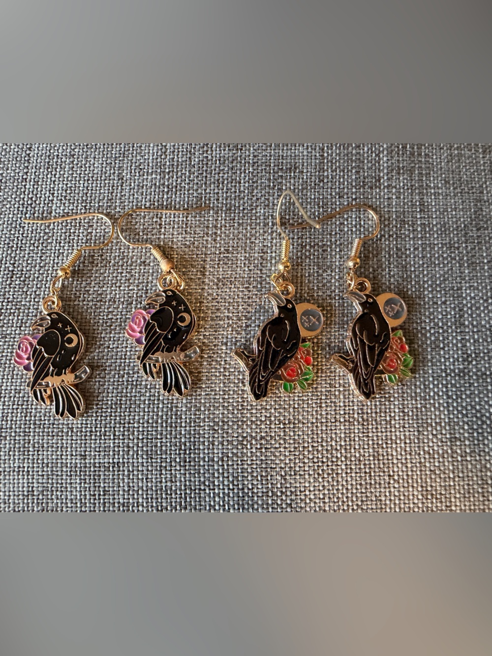 Gold-Tone Black Enamel Bird Drop Earrings with Rose Accent